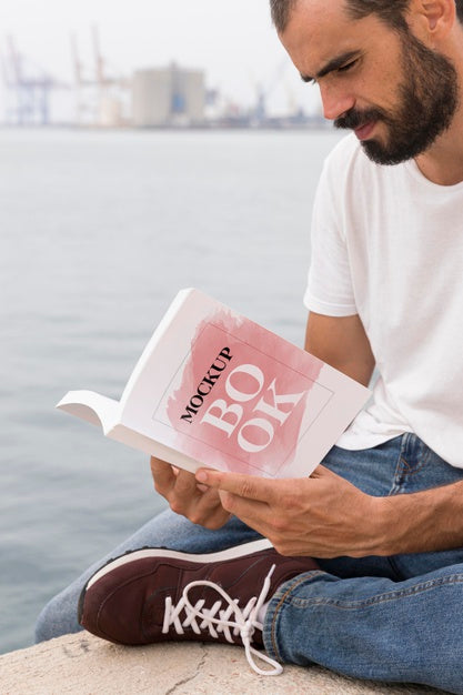Man On Street Reading Book Psd