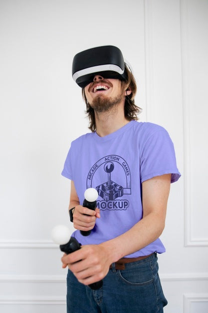 Man Playing Video Games At Home With Vr Headset Psd