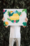 Man Presenting Poster Mockup In Front Of Leaves Psd