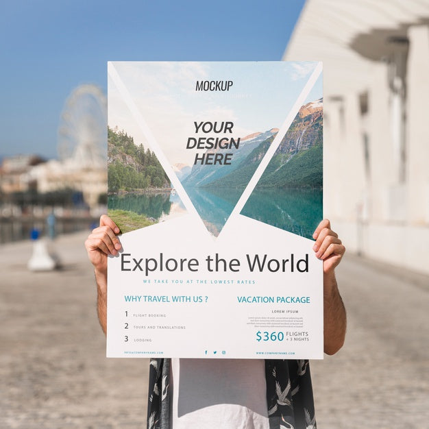 Man Presenting Poster Mockup In Front Of Park Psd