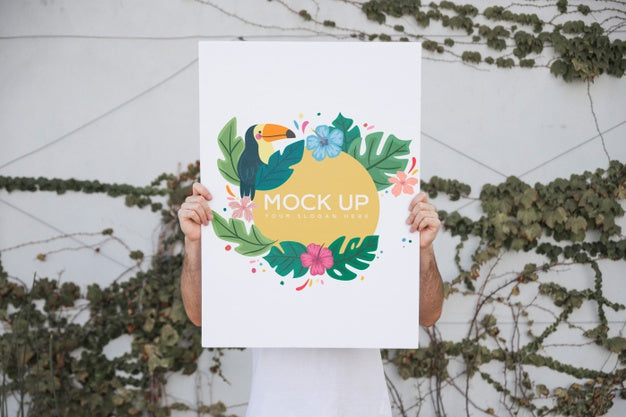 Man Presenting Poster Mockup Outdoors Psd