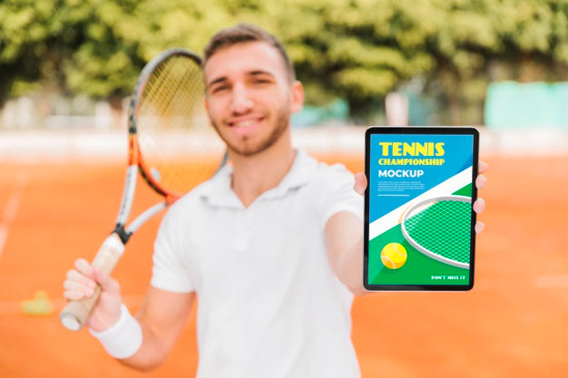 Man Showing A Mock-Up Tablet Psd