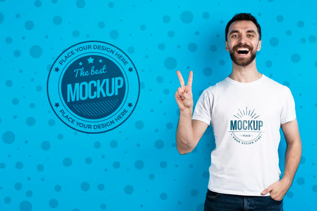 Man Showing Mock-Up Shirt Peace Sign Psd
