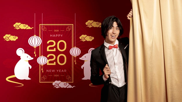 Man Standing Beside New Year Dated Decoration Psd
