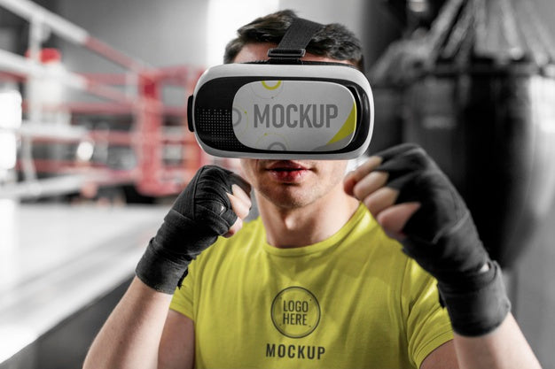 Man Using Virtual Reality Goggles At Boxing Training Psd