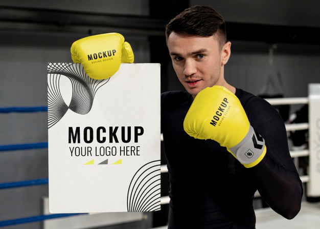 Man Wearing Boxing Gloves Mock-Up For Training Psd