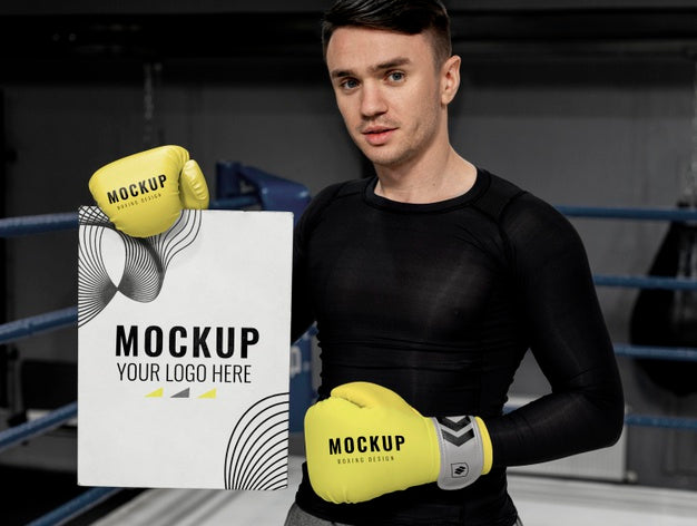 Man Wearing Boxing Gloves Mock-Up For Training Psd