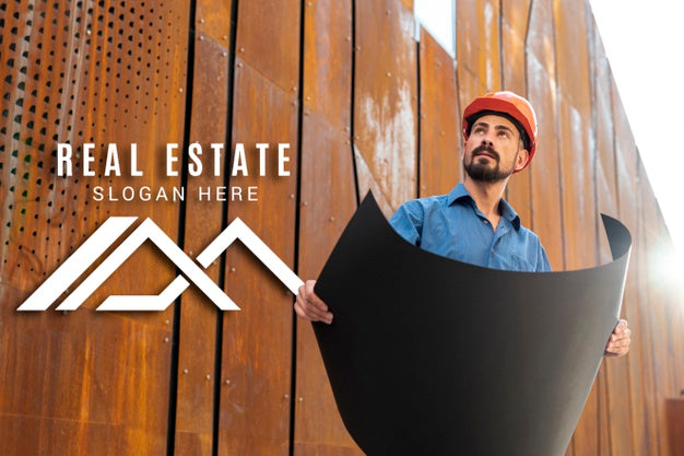 Man With Hard Hat Holding A Black Paper And Looking Away Psd