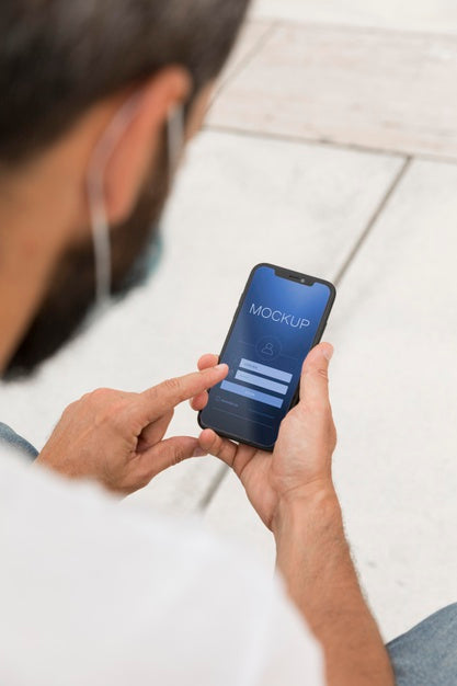 Man With Mask On Street Reading Online On Phone Psd