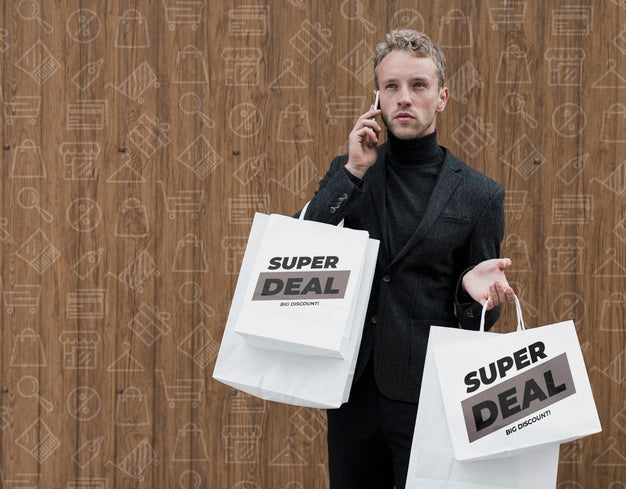 Man With Shopping Bags Talking Aver Phone Psd