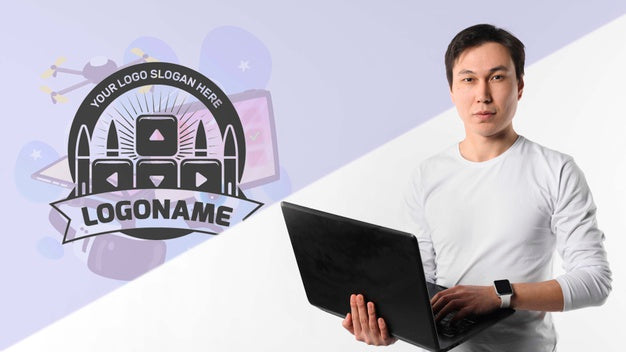 Man With Watch Holding Laptop Psd