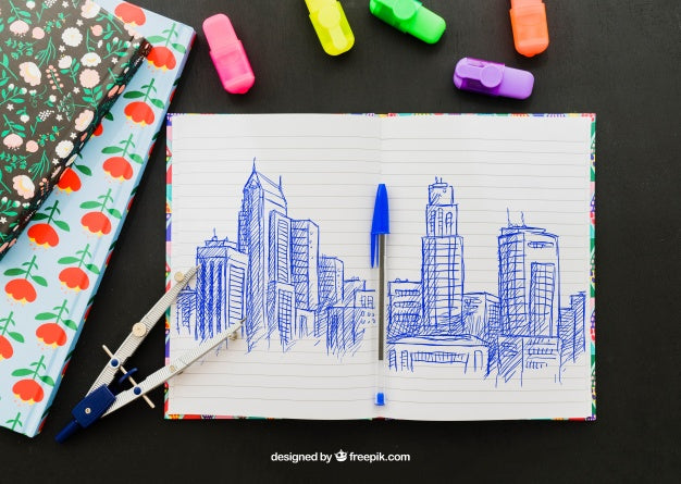 Markers, Folders, Compass And Pen Drawing Psd