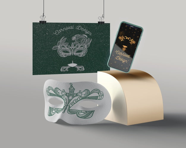 Mask And Phone With Carnival Design Psd