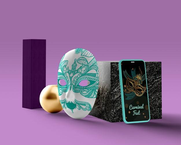 Mask Beside Phone With Carnival Theme Psd