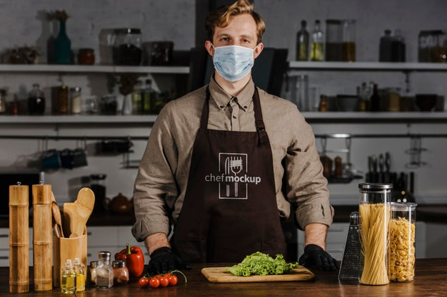 Medium Shot Chef Wearing Face Mask Psd