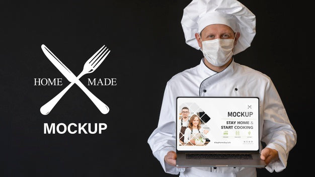 Medium Shot Chef With Mask Holding Laptop Psd
