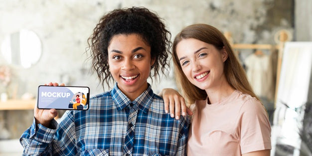 Medium Shot Friends With Smartphone Psd