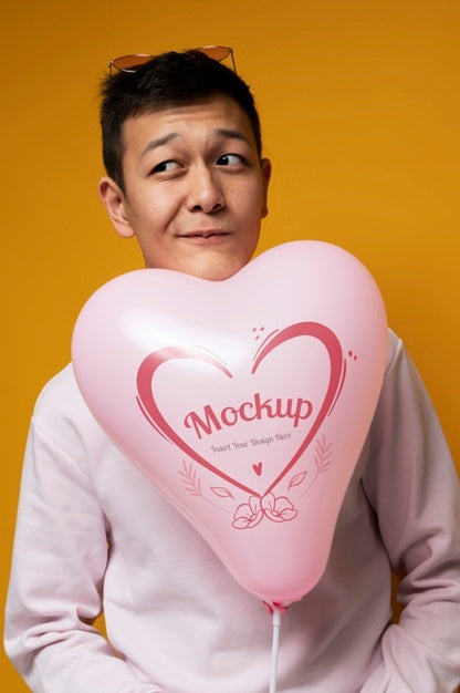 Medium Shot Guy Holding Balloon Mockup Psd