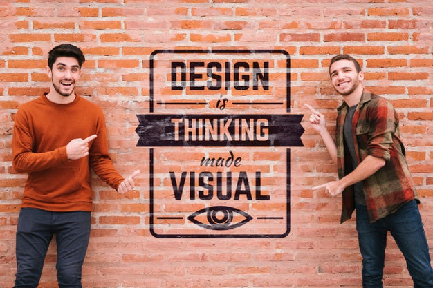 Medium Shot Happy Guys Pointing At The Wall Psd