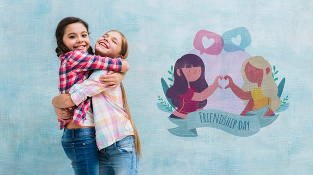 Medium Shot Little Girls Hugging With Wall Mock-Up Psd