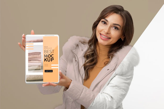 Medium Shot Model Holding Tablet Mockup Psd