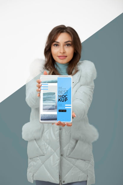 Medium Shot Model Holding Tablet Psd