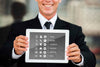 Medium Shot Of Smiley Man Showing Tablet For Marketing Purposes Psd