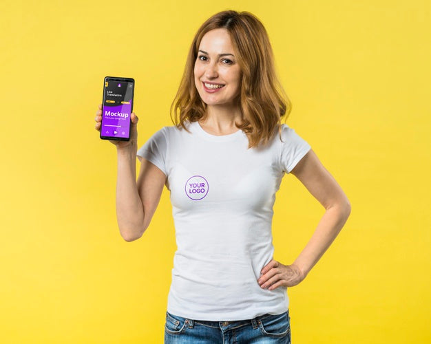 Medium Shot Of Woman Holding A Mobile Phone Psd