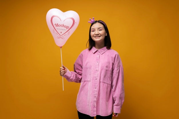 Medium Shot Smiley Girl Holding Balloon Psd
