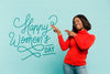 Medium Shot Smiley Woman With Red Sweater Posing Psd