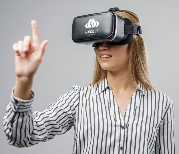 Medium Shot Smiley Woman With Vr Glasses Psd