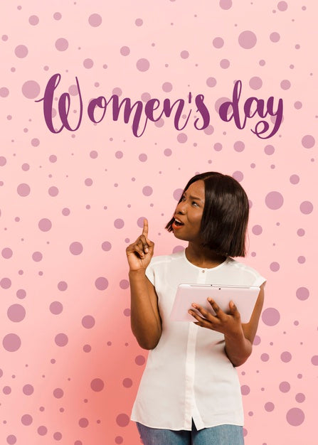 Medium Shot Woman Holding A Pink Tablet Psd