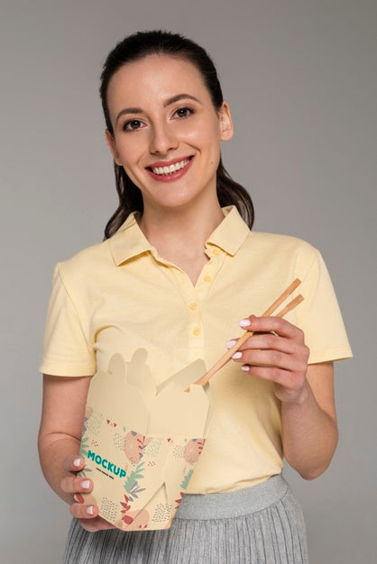 Medium Shot Woman Holding Food Box Psd