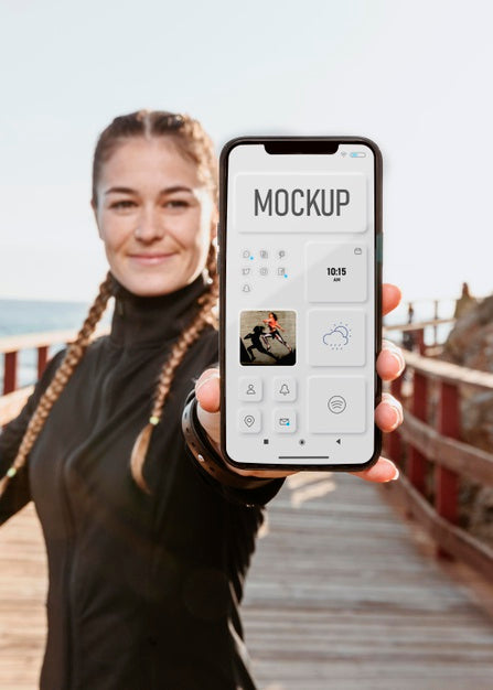 Medium Shot Woman Holding Smartphone Psd