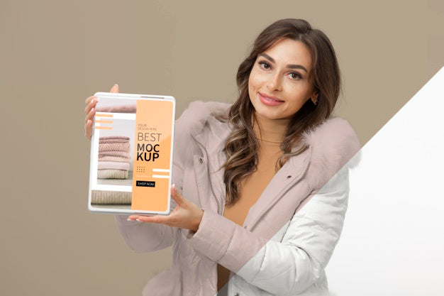 Medium Shot Woman Holding Tablet Mockup Psd