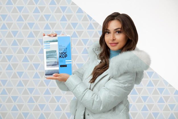 Medium Shot Woman Holding Tablet Psd