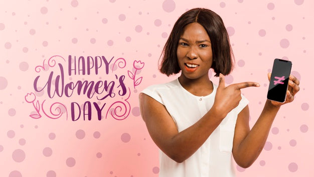 Medium Shot Woman Pointing At Her Mobile Phone Psd