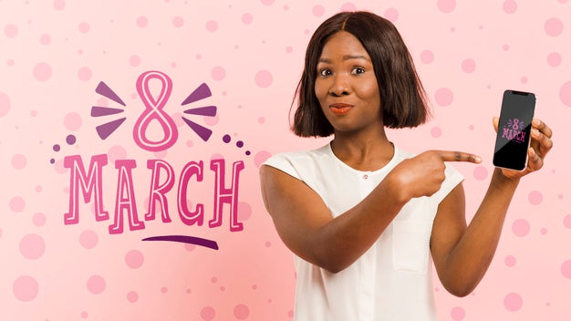 Medium Shot Woman Pointing At Her Phone Psd