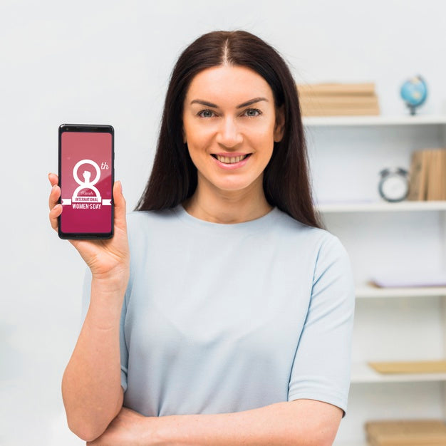 Medium Shot Woman With Phone Mockup Psd