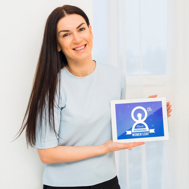 Medium Shot Woman With Tablet Mockup Psd
