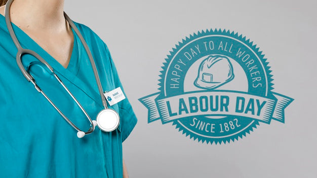 Medium View Of Woman With Stethoscope And Labour Day Badge Psd