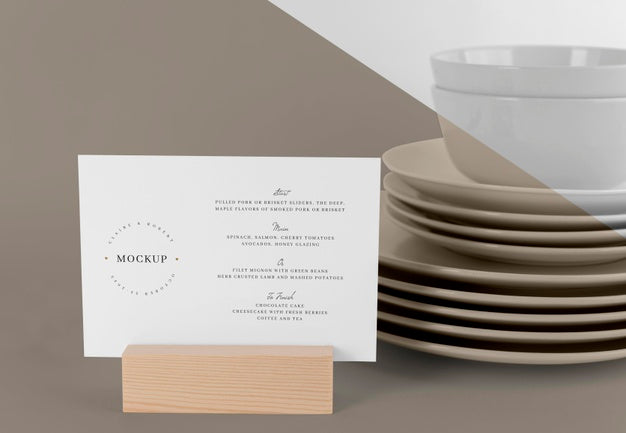 Menu Mock-Up With Wooden Stand And Dishes Psd