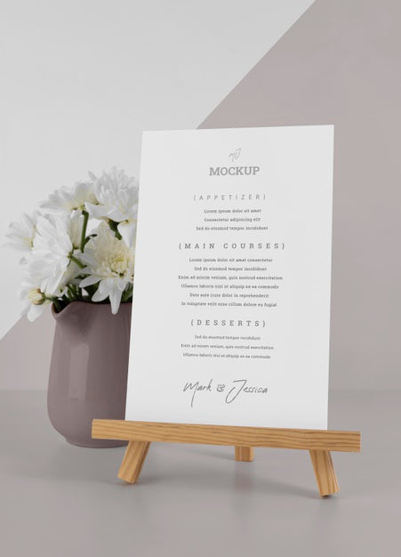 Menu Mock-Up With Wooden Stand And Flower Vase Psd