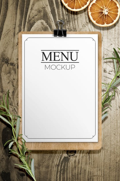 Menu Sheet On Wood Table Mockup Psd