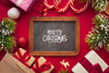 Merry Christmas On Chalkboard And Christmas Red Background Psd