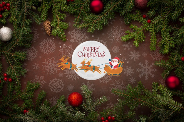 Merry Christmas With Santa And Christmas Pine Leaves Psd