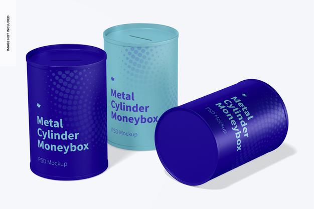 Metal Cylinder Moneyboxes Mockup Psd