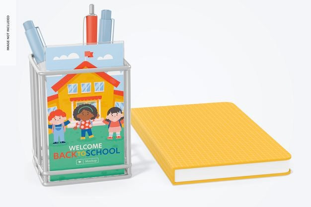 Metal Pen Holder Mockup, With Notebook Psd