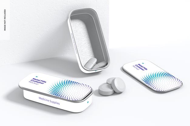 Metal Slide Top Tin Pills Containers Set Mockup Psd