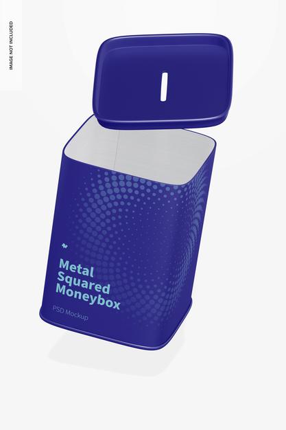 Metal Squared Moneybox Mockup, Falling Psd